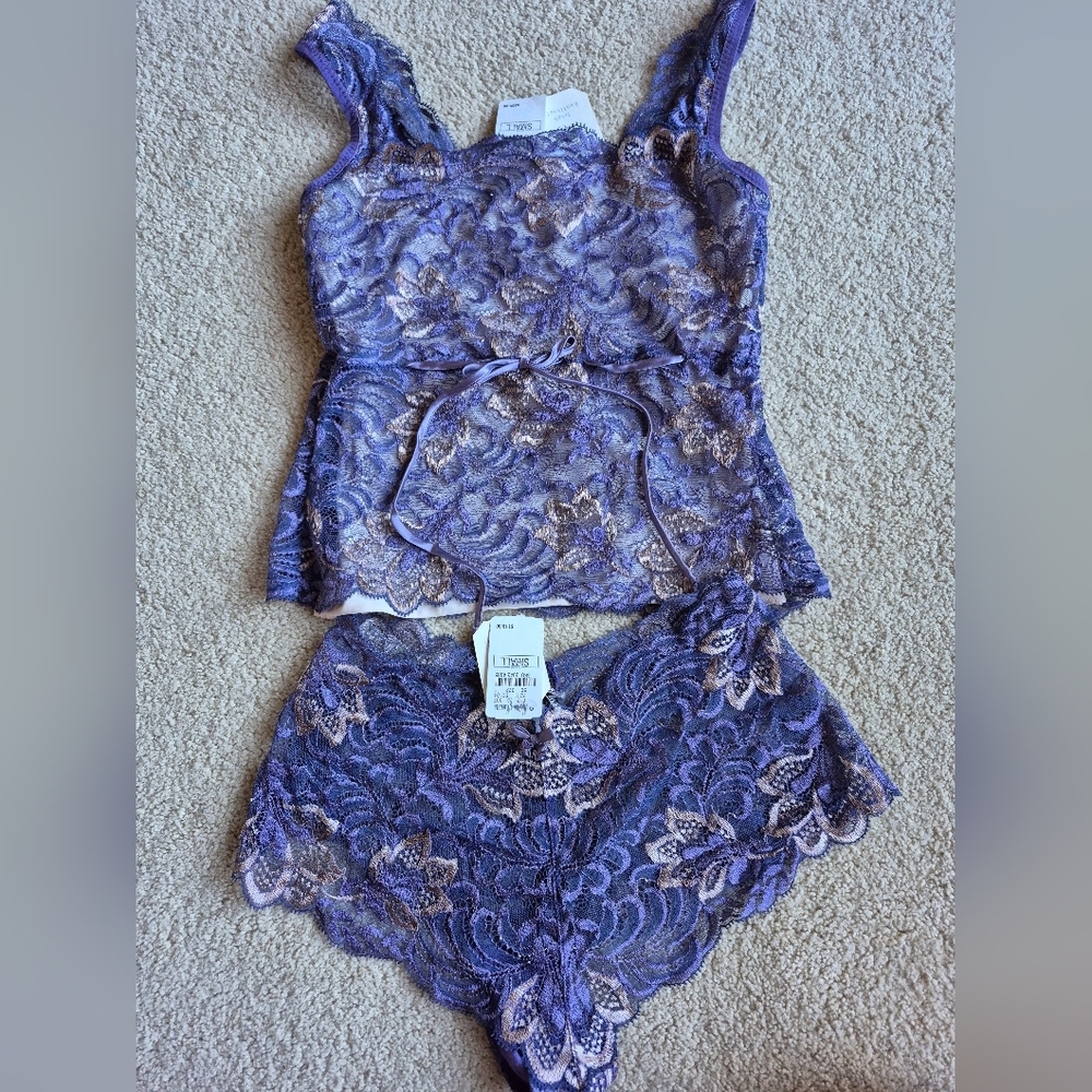 NWT Vintage Leigh Bantivoglio Purple French Lace Corset Camisole Set Size S